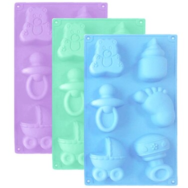 3 Pack Baby Shower Soap Silicone Mold, DanziX Baby Carriage Feeding Bottle Little Feet Bear Pacifier Silicone Fondant Mold for Sugarcraft,Cake Decoration,Chocolate-Purple,Blue,Green
