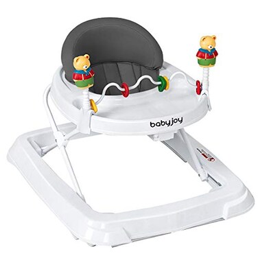 BABY JOY Baby Walker, Foldable Activity Walker Helper with Adjustable Height, Baby Activity Walker with High Back Padded Seat &amp; Bear Toys, Gray