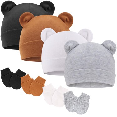 BQUBO Newborn Baby Hats Mittens Set for Boys Girls Hospital Hat Beanie Bear Ears Infant Caps Baby Cotton Gloves No Scratch Mittens for 0-6 Months