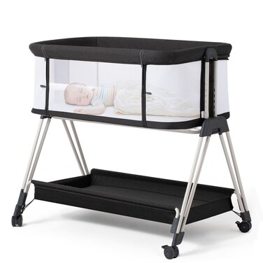 Fodoss Baby Bassinet Bedside Sleeper with Wheels and Storage Tray,4-Sided Mesh Bedside Bassinet for Infant/Newborn,7 Height Adjustable Easy Folding Bedside Crib