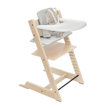 Stokke Tripp Trapp High Chair 2 (Natural), Cushion 2 (Nordic Grey) + Stokke Tray (White) - Includes Chair + Baby Set with Removable Harness for Children 6-36 Months