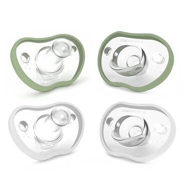 Nanobebe Baby Pacifiers 0-3 Month - Orthodontic, Curves Comfortably with Face Contour, Award Winning for Breastfeeding Babies, 100% Silicone, Baby Registry Gift 4pk, Sage/White