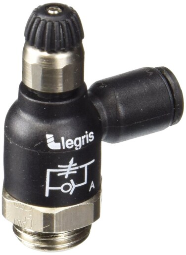Legris 7060 06 13 Nylon Air Flow Control Valve, 90 Degree Elbow, Meter-Out, Knob, 6 mm Tube OD x 1/4 BSPP Male