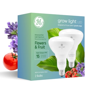 GE Grow Lights for Indoor Plants, BR30 Indoor Floodlight, LED Light Bulbs for Flowers and Fruit, Advanced Red Light Spectrum, 25,000 Hours Lifespan, 15 PPF, 2 Pack (Packaging May Vary)