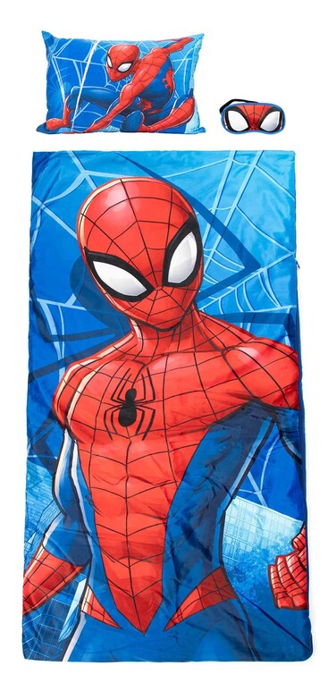 Jay Franco Marvel Spiderman 3 Piece Sleepover Set - Cozy &amp; Warm Kids Slumber Bag with Pillow &amp; Eye Mask (Official Marvel Product)