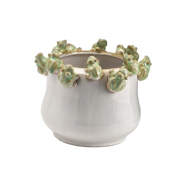 Creative Co-Op Stoneware Planter with Frog Figurine Rim, Multicolor