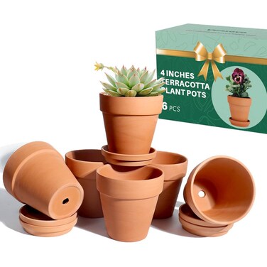 vensovo 4 Inch Terracotta Plant Pots with Saucer - 6 Pack Clay Flower Pots with Drainage, Great for Plants, Crafts, Wedding Favor