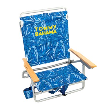 Tommy Bahama 5-Position Classic Lay Flat Backpack Beach Chair with Cooler and Cup Holder, Portable Folding Beach Chair for Tanning, Blue Tropical Leaves