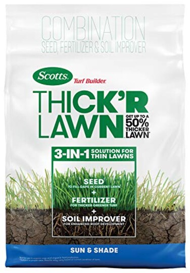 Scotts Turf Builder THICK'R LAWN Grass Seed, Fertilizer, and Soil Improver for Sun &amp; Shade, 1,200 sq. ft., 12 lbs.