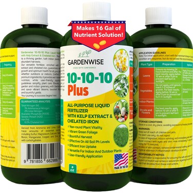 GARDENWISE 10-10-10 Fertilizer for All Purpose Plants - Liquid Fertilizer with Seaweed Kelp&amp;Iron - Plant Food Outdoor &amp; Indoor Plant Food, Vegetables, Flowers, Lawn &amp; Garden 10 10 10 Fertilizer 1x8oz