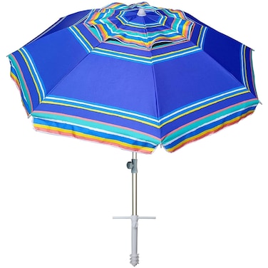 AMMSUN 7ft Heavy Duty High Wind Beach Umbrella Parasols with sand anchor &amp; Tilt Sun Shelter, UV 50+ Protection Outdoor Sunshade Umbrellas Carry Bag for Patio Garden Pool Backyard Stripe Blue