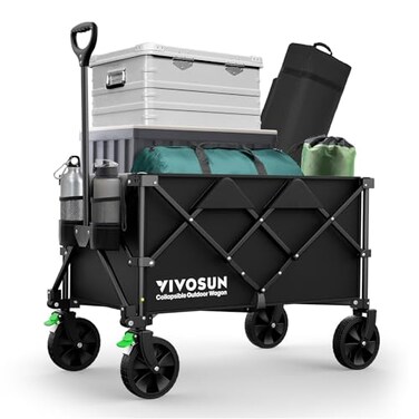 VIVOSUN Collapsible Folding Wagon, 350 lb Load-Bearing Outdoor Utility Cart with Silent Universal Wheels, Cup Holders &amp;Side Pockets, Adjustable Handle, for Camping, Garden, Sports, Picnic, Shopping