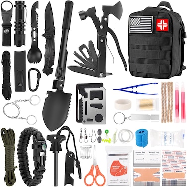 Survival Kit and First Aid Kit, 142Pcs Professional Survival Gear and Equipment with Molle Pouch, for Men Dad Husband Who Likes Camping Outdoor Adventure (Black)