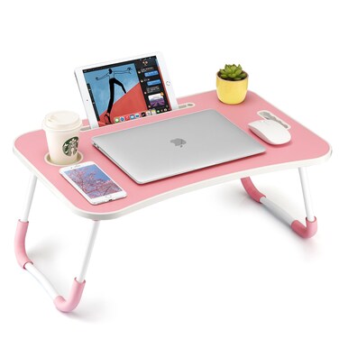 FISYOD Foldable Laptop Table, Portable Lap Desk Bed Table Tray, Laptop Stand with Cup Holder &amp; Tablet Slot &amp; Lifting Handle for Working Writing Drawing &amp; Eating (Pink)