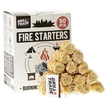 Grill Trade Fire Starters - 50pcs Grill Starter Made of Pine Wood Shavings &amp; Food-Grade Wax - Lighter Log with 8-10 Minutes Burning Time - Weatherproof &amp; Odorless - Ideal for Indoor &amp; Outdoor Use