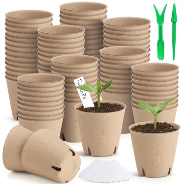 WinJiaYao 130 Pcs 3.15 Inch Peat Pots,Seed Starting Pots with Drainage Holes Round Plant Seedling Pots,Garden Germination Nursery Pot wit 30 Plant Labels, 2 Transplant Tools.