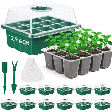 DJGINRO 12-Packs Seed Starter Tray Seed Starter Kit (144 Cells Total Tray), with Humidity Adjustable Dome, for Seeds Growing Starting Plant Germination Trays, Mini Green House Germination Trays.