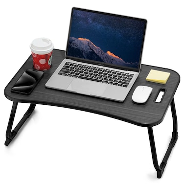 ZEAPTAC Laptop Bed Desk, Foldable Lap Table, Portable Study Table, Laptop Stand with Cup Holder &amp; Tablet Slot &amp; Lifting Handle for Working Writing Drawing &amp; Eating - Black