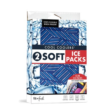 Cool Coolers by Fit &amp; Fresh 2 Pack Soft Ice, Flexible Stretch Nylon Reusable Ice Packs for Lunch Boxes &amp; Coolers, Navy Sketch Weave &amp; Blue