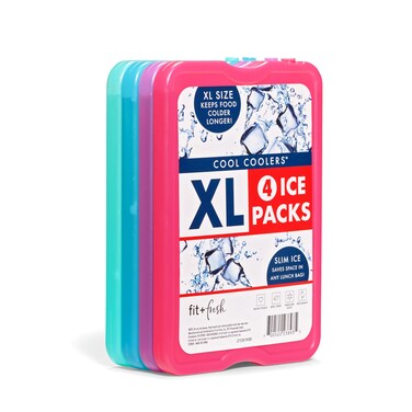 Cool Coolers by Fit &amp; Fresh 4 Pack XL Slim Ice Packs, Quick Freeze Space Saving Reusable Ice Packs for Lunch Boxes or Coolers, Multi