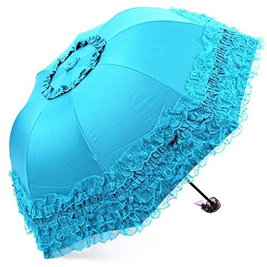 WANLIAN Princess Lace Ultraviolet-Proof Folding Umbrella Anti-uv Dome Parasol Wedding Decorations Photoshoot Props (blue)