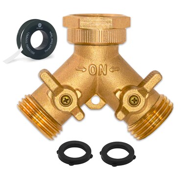 Morvat Heavy Duty Brass 2 way Y Splitter Garden Hose Hexagonal Connector with Comfortable Grip Shut Off Valves, Adapter for Water Tap, Outlet, &amp; Spigot, Includes 2 Extra Rubber Washers &amp; Teflon Tape