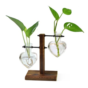 XXXFLOWER Plant Terrarium Wooden Stand, Hydroponic Planter Bulb Glass Metal Swivel Holder Retro Air Plants Water Plants for Home Office Decoration, Plant Lover Gifts - 2 Love Bulb Vase