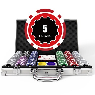 Poker Chips with Denominations, 300-pcs 11.5g Weighted Numbered Casino Chips Set, 5 Dice, 2 Decks with Compact Aluminum Case for Texas Hold&#39;em, Blackjack, Age 8 and Plus