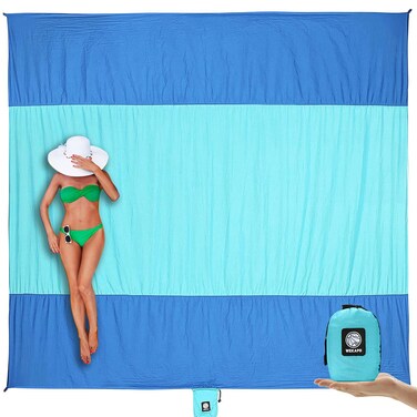 Wekapo Beach Blanket Sandproof, Extra Large Oversized 10'X 9' for 2-8 Adults, Big &amp; Compact Sand Free Mat Quick Drying, Lightweight &amp; Durable with 6 Stakes &amp; 4 Corner Pockets