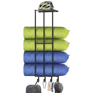 Housolution Camping Chair Rack for Garage Storage, Metal Camping Chair Wall Storage with Storage Shelves and 4 Hooks, Multifunctional Storage Rack for Camping Beach Chair Yoga Mat Umbrella, Black