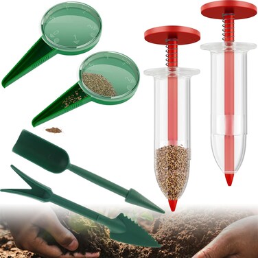 6 PCS Mini Seed Spreader, Sowing Seed Dispenser with 5 Speeds, Sowing Helper, Small Seed Planter Tool, Manual Seedlings Dibber and Widger Set, Seed Sower Spreader Handheld for Tiny Seeds (Red)