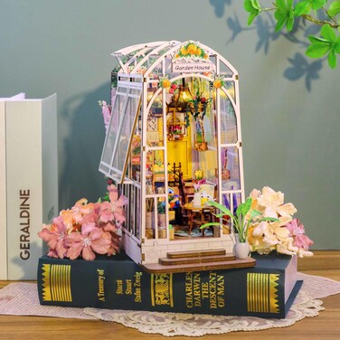 Book Nook Kit Garden House DIY Book Nook Kits Room Bookshelf Insert Miniature Decor Kit 3D Wooden Puzzle Bookshelf Decor With Led Decor Suitable For Adults And Teenagers Craft Gifts (Garden Shuriken)