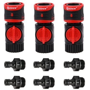 Eden 93218 Premium Garden Connect with Shutoff Valve and Water Stop &amp; Lock Feature Quick Release Kit Hose Fittings and Adapters, (3 Sets/ 9 Pc)