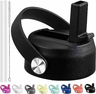 Straw Lid for Hydro Flask Wide Mouth 32 40 64 oz, BPA Free Top Replacement, Cap with Flex Handle Fits Hydroflask Kids 12 16 20 Ounce Bottles, Leak-proof Sports Bottle Accessories, Black