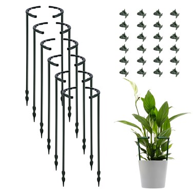12 Pack Plant Support Stakes with 24 Pcs Clips, Half Round Ring Plastic Cage Holder Flower Pot Climbing Trellis for Small Vegetable,Indoor Plants
