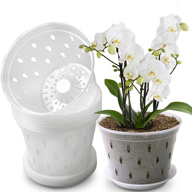 lanccona Orchid Pot, 7 Inch 8 Pack Orchid Pots with Holes and Saucers, Clear Plastic Plant Pot Indoor