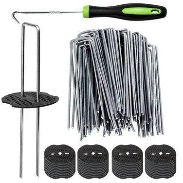 50Pcs Garden Stakes Staples + 50Pcs Gasket, Bakulyor 6 Inch Lawn Landscape Staples 11 Gauge U Shaped Galvanized Landscape Pins, Heavy Duty Yard Ground Pin for Weed Barrier Sod Fabric Decorations - 6