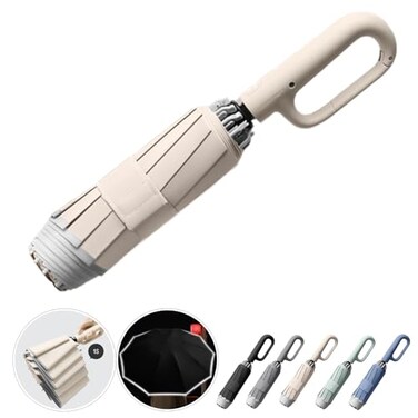 Ring Buckle Umbrella, Reflective Safety Strip, Sturdy Windproof, Reverse Automatic Umbrella, Ring Buckle Fully Automatic Umbrella, Travel Portable, Compact Folding Travel Umbrella (Beige)