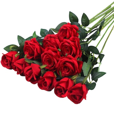 Hawesome 12PCS Artificial Silk Flowers Realistic Roses Bouquet Long Stem for Home Wedding Decoration Party A-Red -1