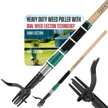 Papa's Tools Weed Puller Tool, 44" Stand Up Weeder Garden Tools &amp; 4 Claw Steel Head, Dual Weed Eject Tech. Made With Real Bamboo &amp; Long Wooden Handle, Yard Weeding Remover For Gardening Men &amp; Women