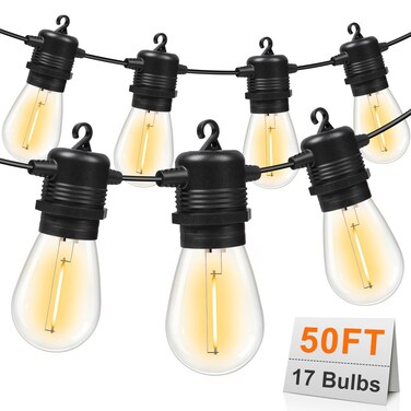 GvvooHome 50FT LED Outdoor String Lights with 17 Shatterproof Waterproof S14 Replaceable Bulbs(2 Spare), 2700K Commercial Grade Patio Lights, Outside Hanging Lights for Yard Garden Porch Deck Decor