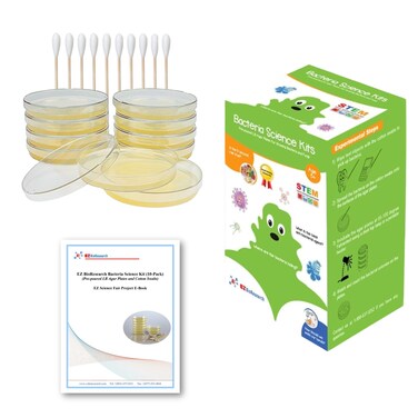 EZ BioResearch Bacteria Science Kit (IV) (Gift Pack): Prepoured LB-Agar Plates and Cotton Swabs. Exclusive Free Science Fair Project E-Book Packed with Award Winning Experiments. (IV Gift Pack)