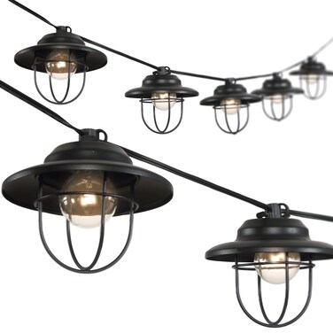 JONATHAN Y JYL8703A Indoor Outdoor Rustic Farmhouse Incandescent G40 Metal Cage Shade String Lights Garden Patio Backyard Porch Balcony, 10 ft. 10-Light, Black