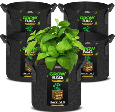 Utopia Home 5 Pack 5 Gallon Grow Bags, 300G Thickened Nonwoven Plant Fabric Pots for Outdoor, Grow Pots, Garden Plant Bags, Aeration Fabric Planters for Fruits, Vegetables and Flowers