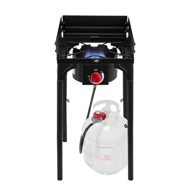 Hike Crew Cast Iron 1-Burner Outdoor Gas Stove   75,000 BTU Portable Propane-Powered Cooktop w/Blue Flame Control, Removable Legs, Temperature Setting Knobs   Wind Panel, Hose Regulator &amp; Storage Bag