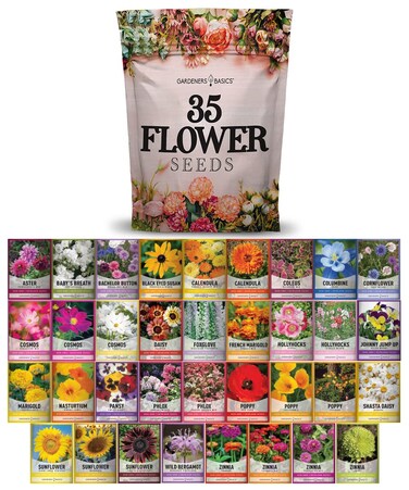 Gardeners Basics, Flower Seeds Packets for Planting 35 Individual Varieties Perennial, Annual, Wildflower Seeds for Planting Outdoors for Bees and Butterflies - Semillas de Flores Hermosas