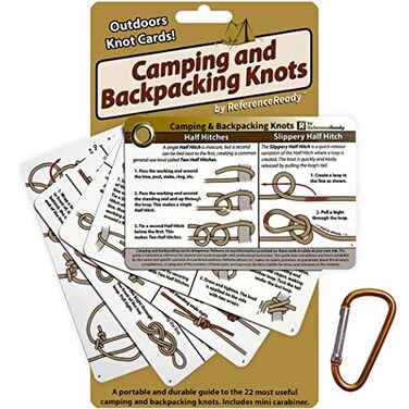 ReferenceReady Outdoor Knots - Waterproof Knot Tying Cards with Mini Carabiner - Includes 22 Rope Knots for Camping, Backpacking, and Scouting Scenarios