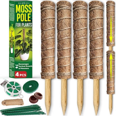 Premium Moss Pole for Plants - Strong &amp; Durable 4-Pack Plant Support Stakes - 16.5" Extendable Poles for Monstera &amp; Climbing Plants - 100% Natural Garden Sticks - Complete Kit w/Ties, Velcro &amp; Rope