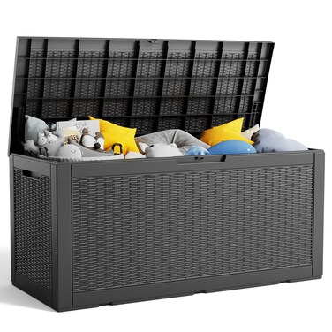 100 Gallon Deck Box, Large Resin Outdoor Storage Box Waterproof, Outside Deck Box with Lockable Lid for Patio Furniture, Pool Tools, Outdoor Equipments and Garden Tools