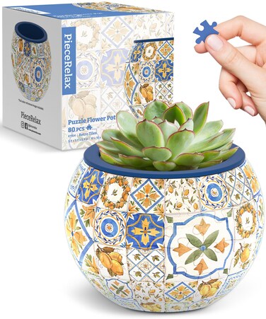 PieceRelax 3D Puzzle Planter - Retro Tiles - Small Round Plant Pots with Drainage, Home Decor Flower Pots for Indoor Cactus, Succulents Pots [K1104]